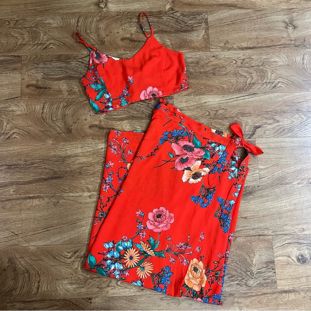 Lulus Red Floral Print Two-Piece Maxi Dress